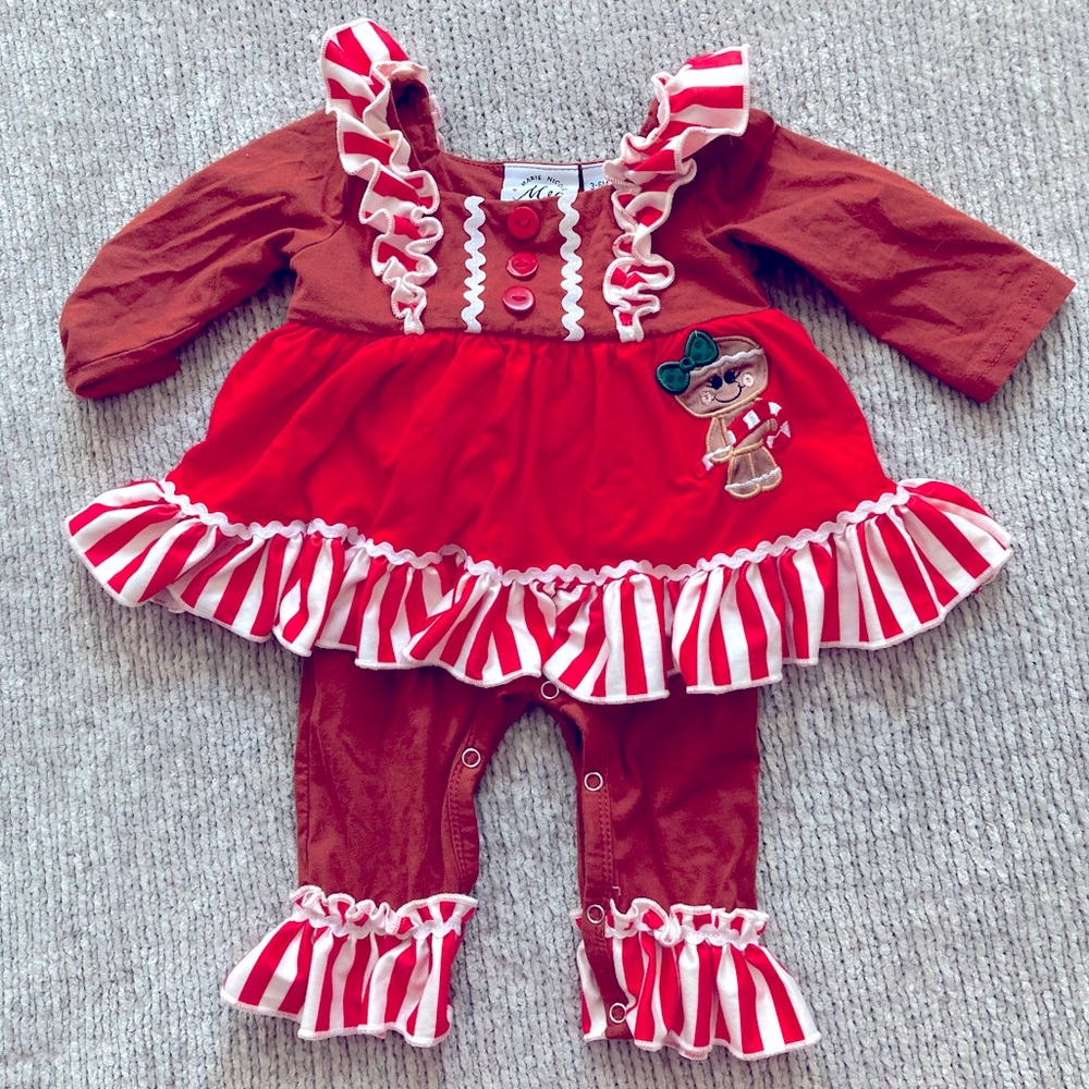 Marie Nicole Baby Girl Gingerbread Ruffle Romper‎ 3-6M Holiday Christmas Classic